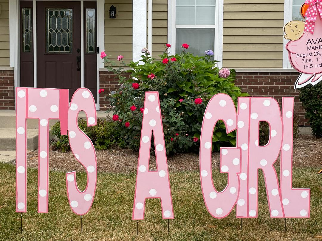 Girl Stork Rental with "It's a Girl Announcement".