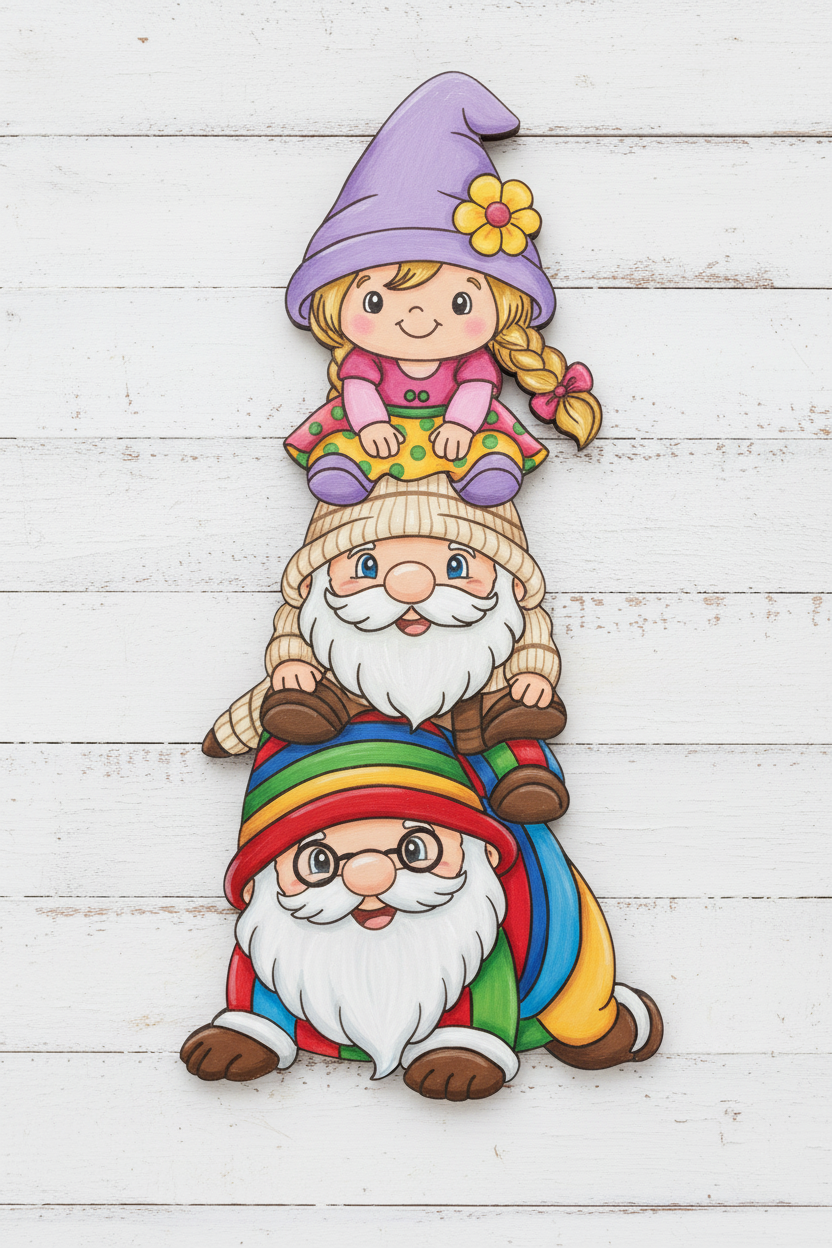 Stacked Gnomes painted in bright spring colors on white slatted wood background - example of finished yard art