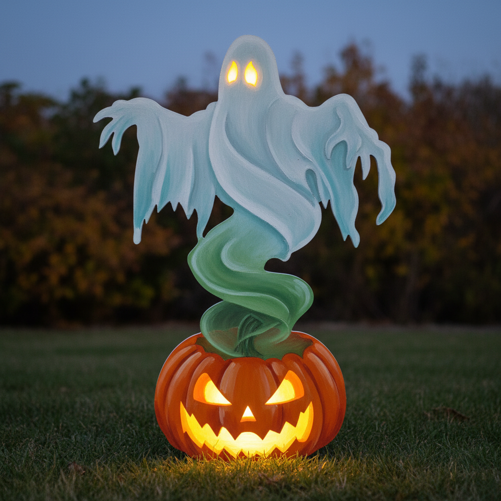 Ghostly Pumpkin painted with white ghost and orange jack-o-lantern - example of finished yard art