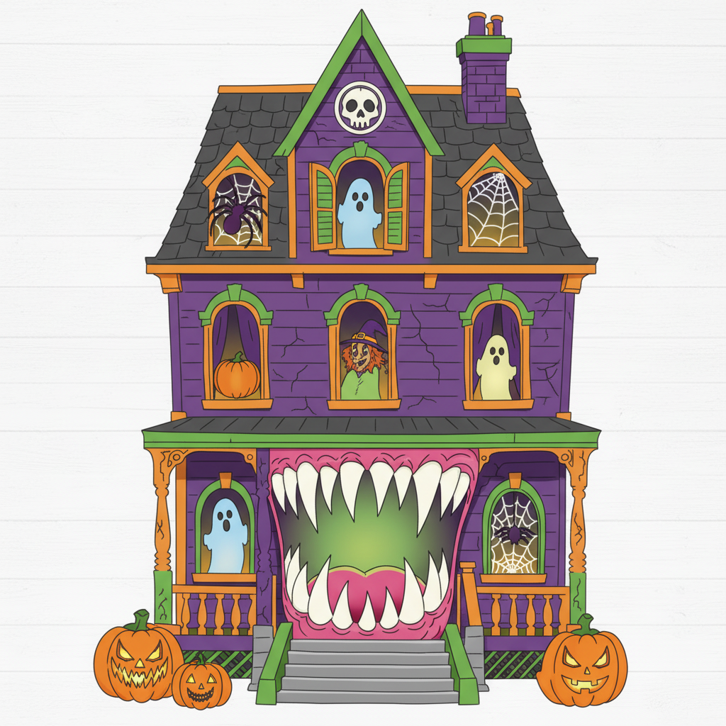 Colored haunted house Halloween yard art on white shiplap wood background with ghosts, jack-o-lanterns, spider webs and monster mouth