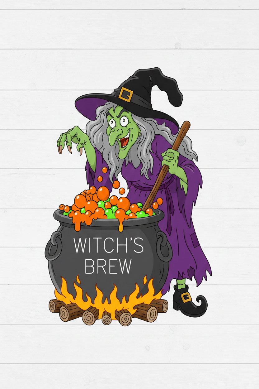 Colorful Witch's Brew yard art design on white shiplap background – Halloween digital template