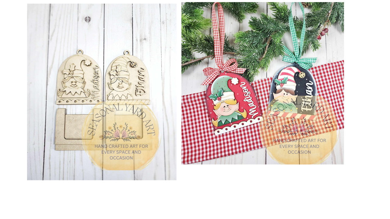 2125 -Ornaments -2 Piece Arched Elf Gift Tag Ornament Bundle with Gift Card Backer  (DIY - You paint them yourself)