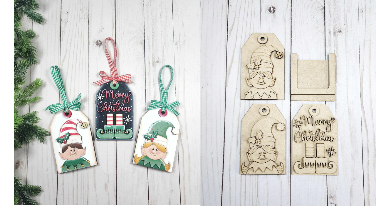 2124 -Ornaments -3 Piece Elf Gift Tag Ornament Bundle with Gift Card Backer  (DIY - You paint them yourself) (Copy)