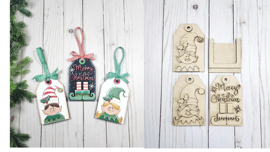 2124 -Ornaments -3 Piece Elf Gift Tag Ornament Bundle with Gift Card Backer  (DIY - You paint them yourself) (Copy)