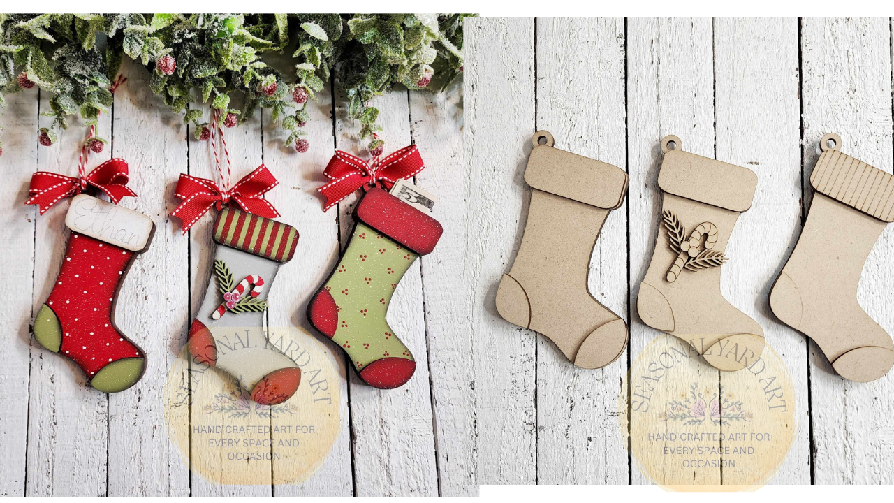 2126 -Ornaments -3 Piece Extra Large Stocking Ornaments 6.5" with Gift Card Backer  (DIY - You paint them yourself)