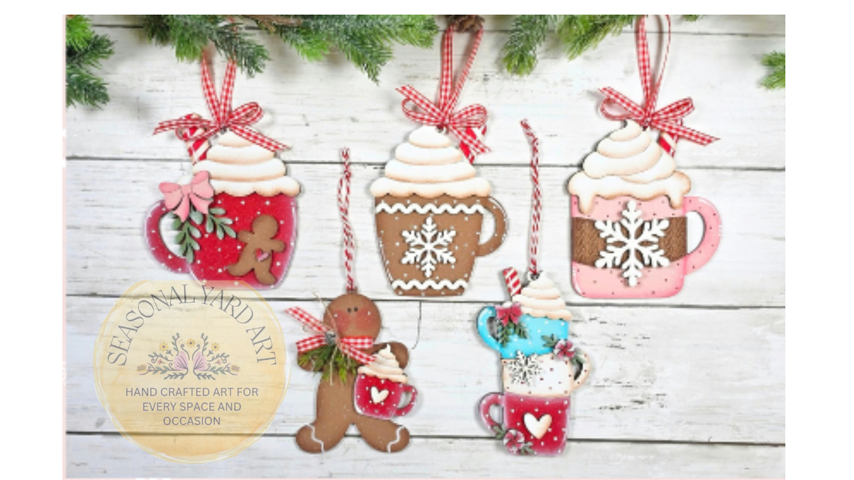 2137-Ornaments  Hot Cocoa Mug Collection -5 piece Ornaments (DIY - You paint it yourself)