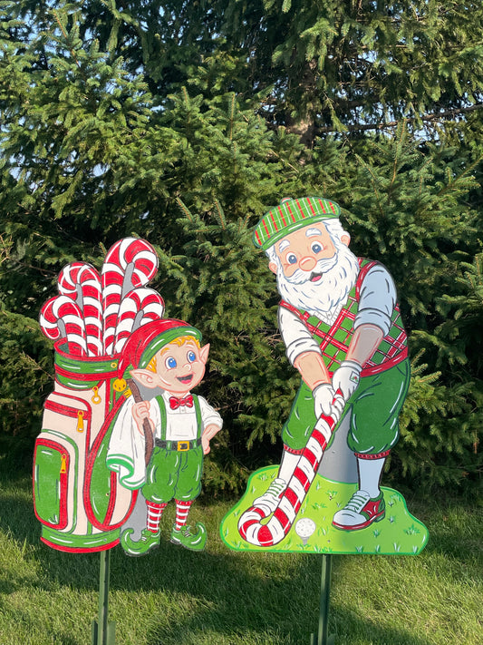 Golfing Santa and Elf Caddy - Two Piece 100 % Hand Painted