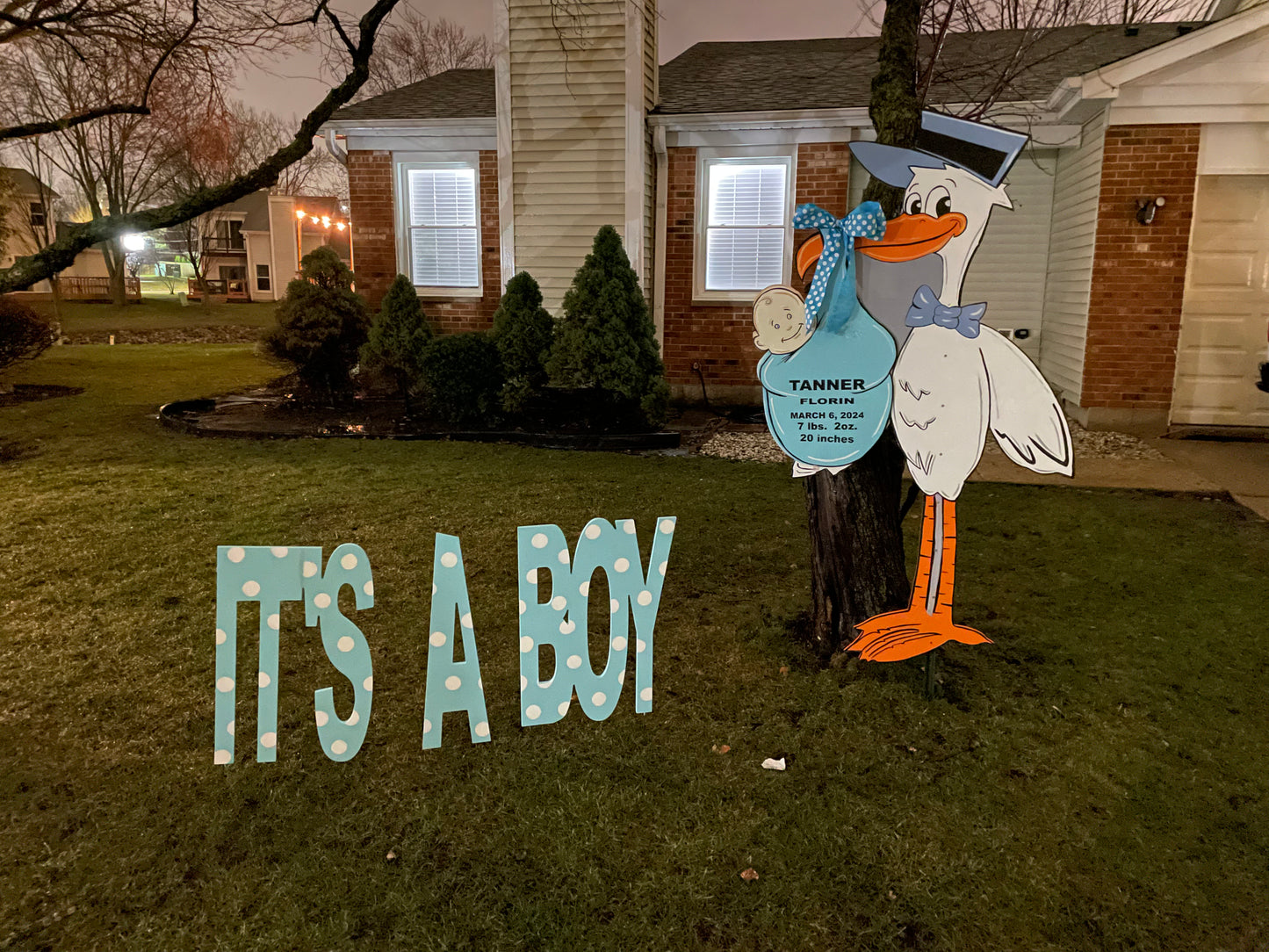 Boy Stork Rental with "It's a Boy Announcement".