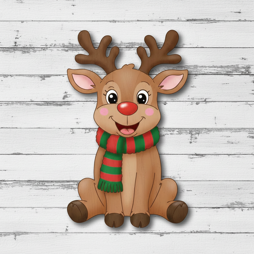 Sitting Reindeer painted in brown with red and green scarf on white slatted wood background - example of finished yard art