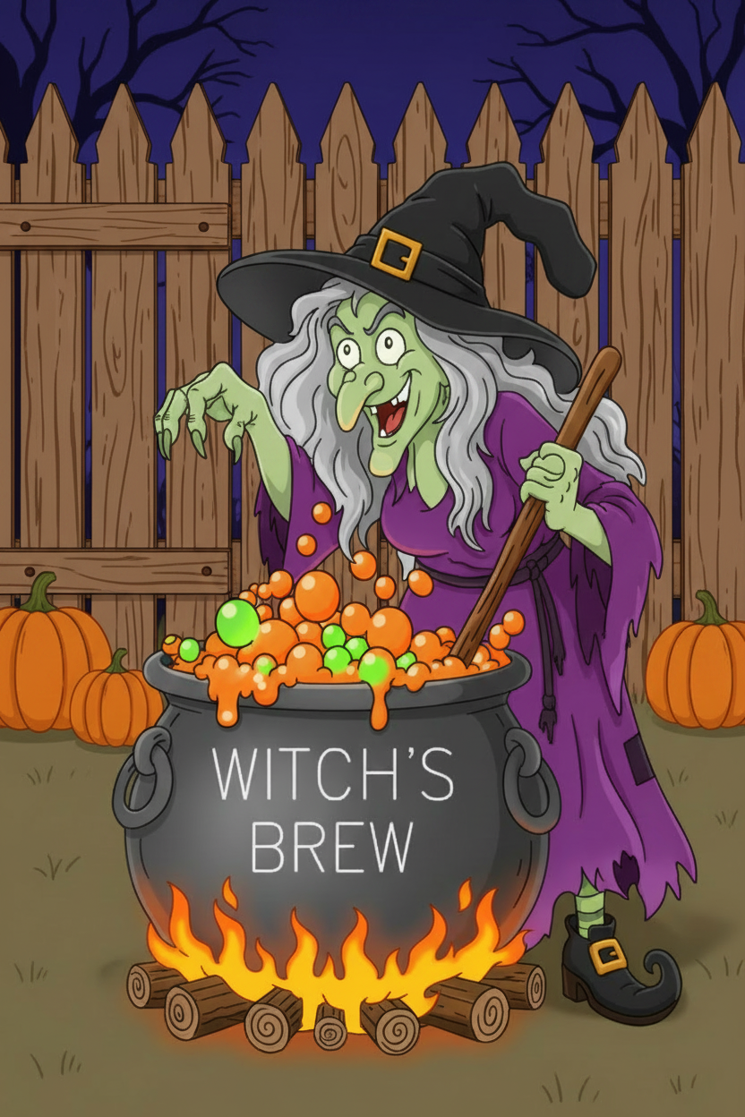 Colorful Witch's Brew yard art design on distressed brown fence background – Halloween digital template