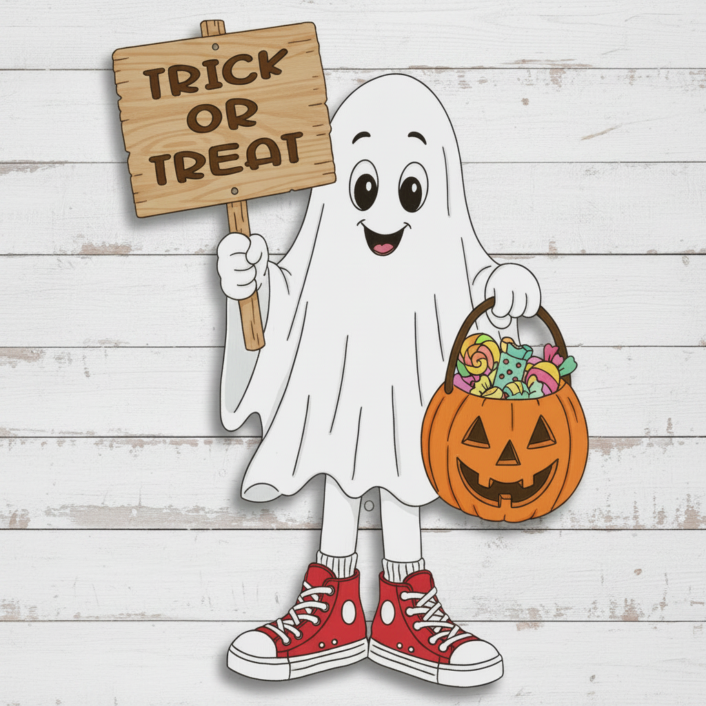Trick or Treat Ghost painted with bright candy colors on white slatted wood background - example of finished yard art