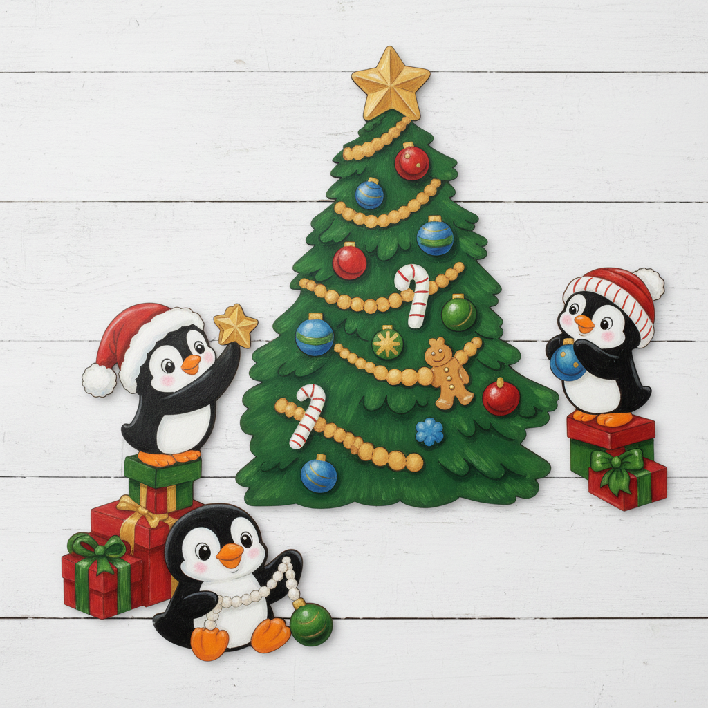 Penguins decorating a Christmas tree painted in full color on white slatted wood background - example of finished yard art