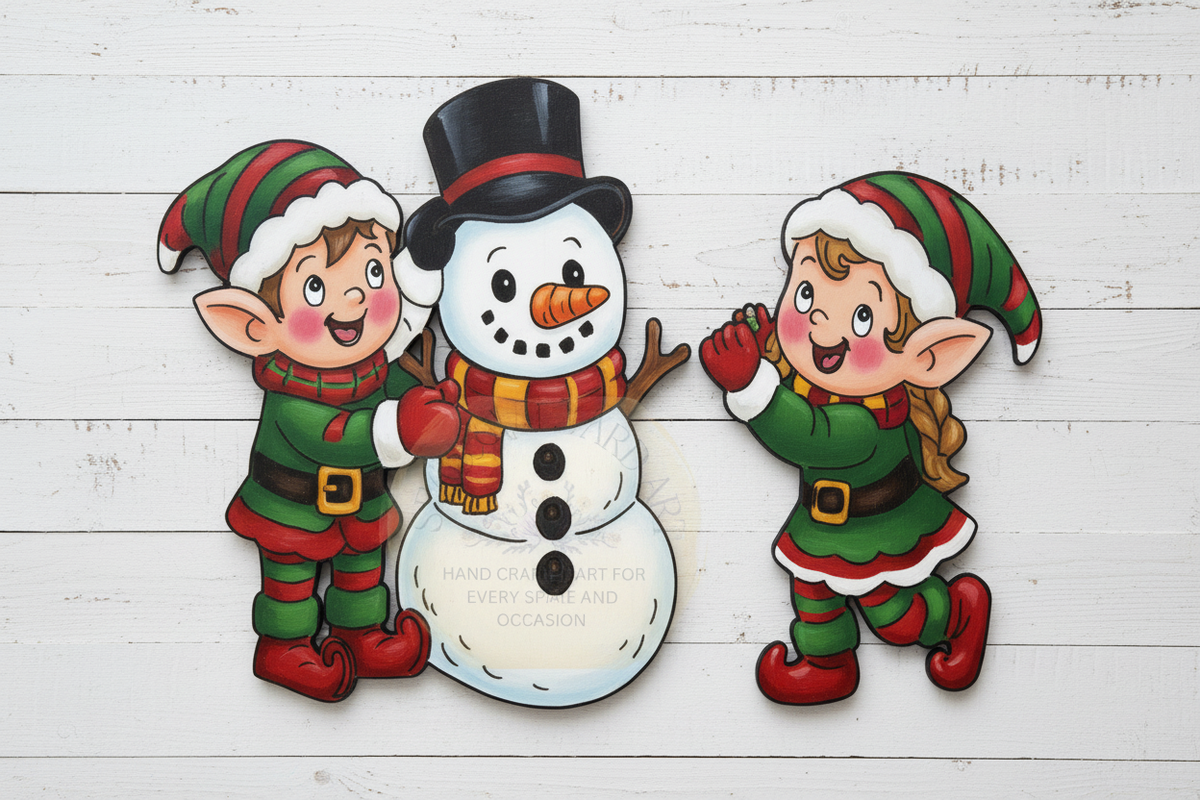 Two elves making a snowman painted in full color on white slatted wood background - example of finished yard art
