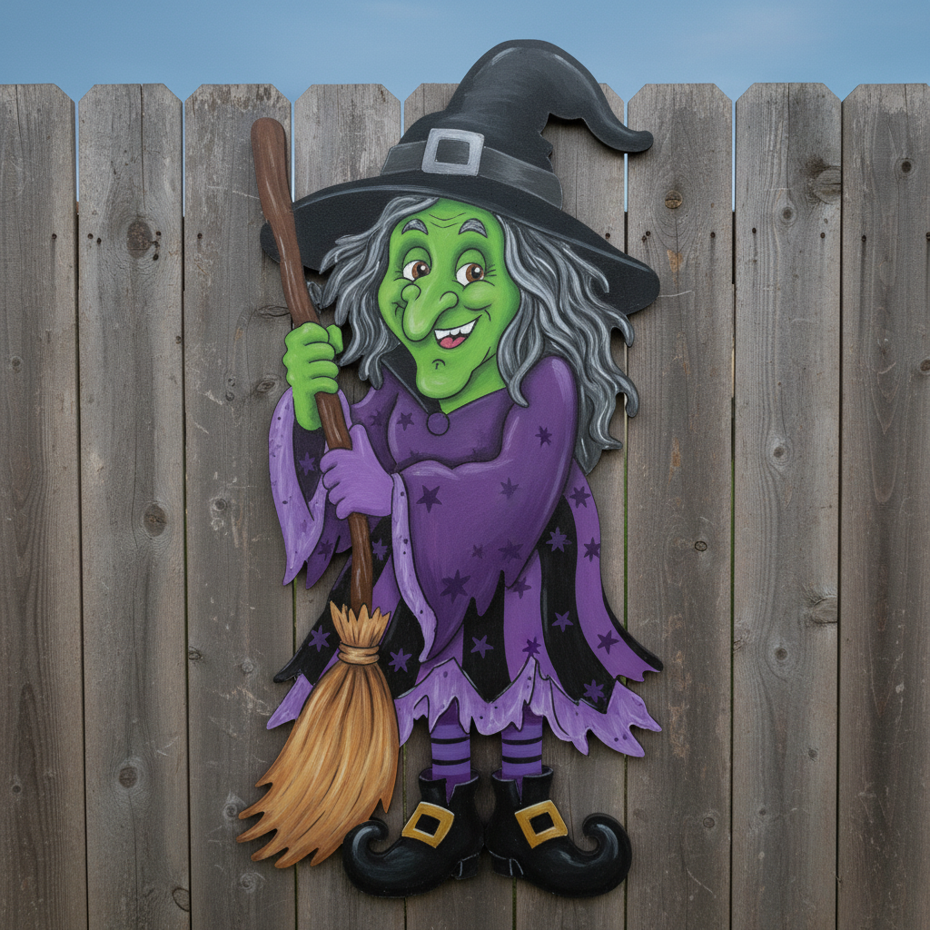 Witch with Broom painted with green face and purple dress - example of finished yard art