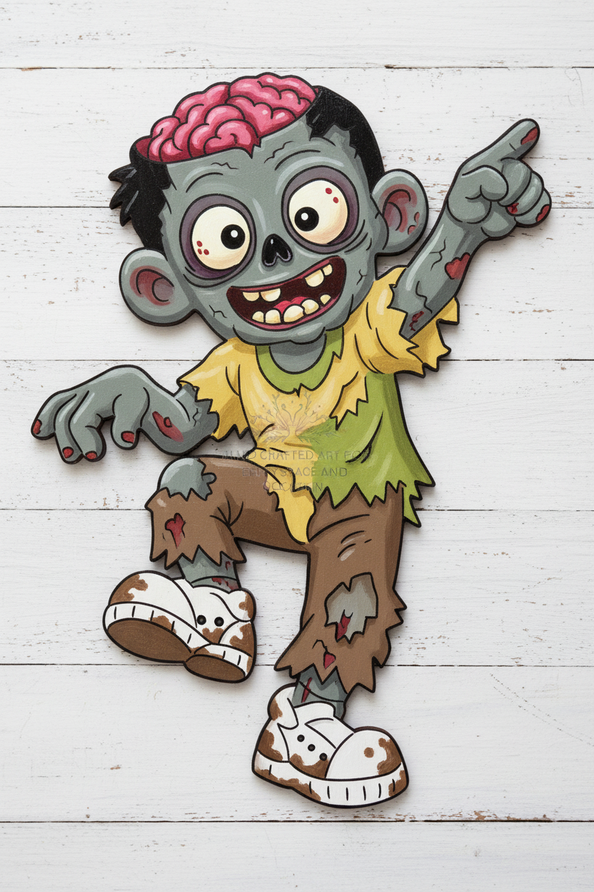 Zombie Brian painted in gray-green with exposed brain on white slatted wood background - example of finished yard art