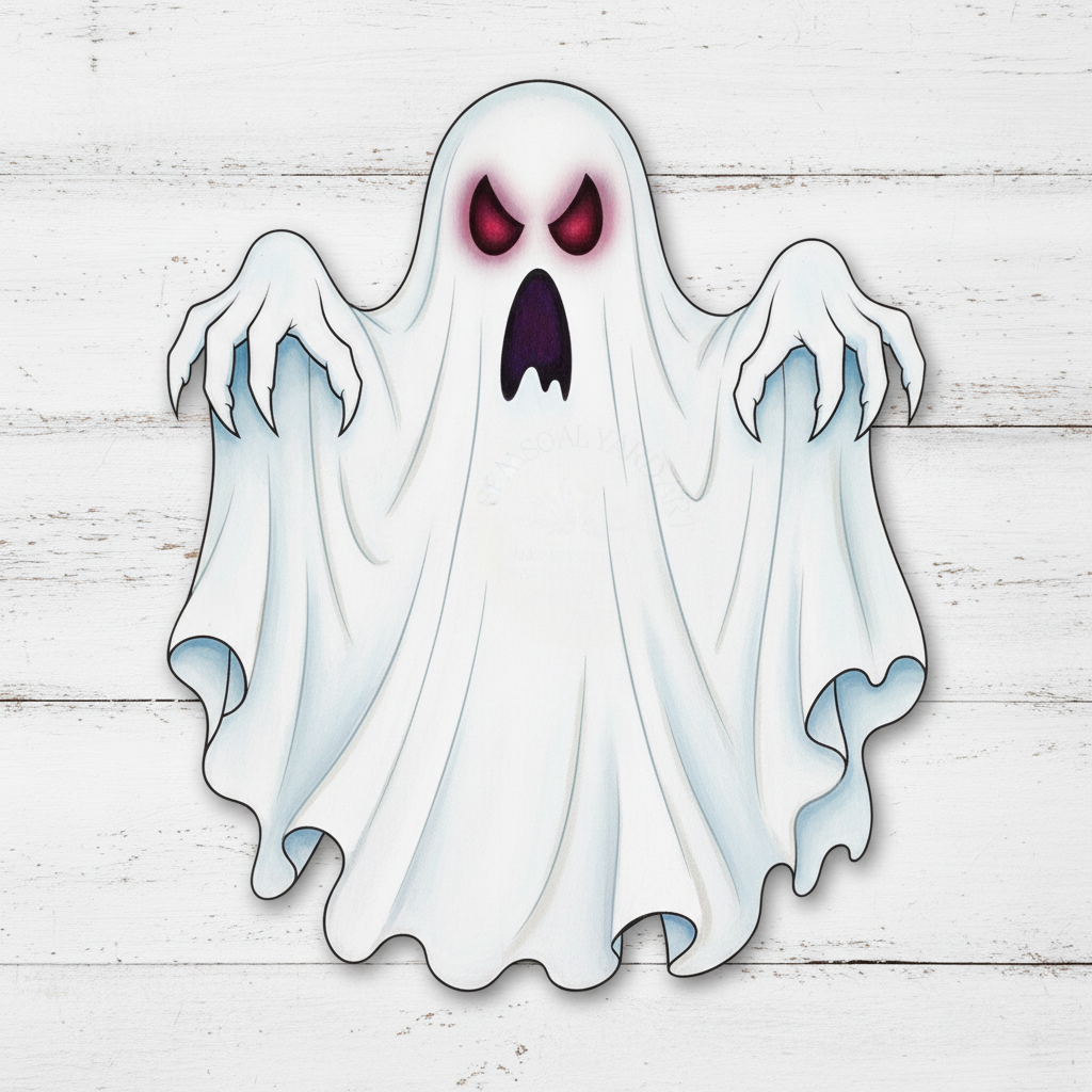 Scary Ghost painted in white with glowing eyes on white slatted wood background - example of finished yard art