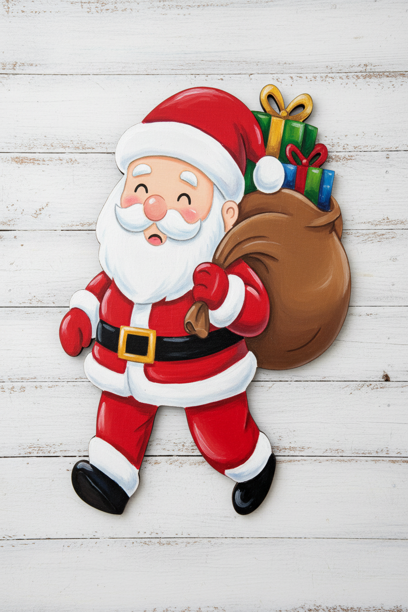 Santa Claus with bag of presents painted in full color on white slatted wood background - example of finished yard art