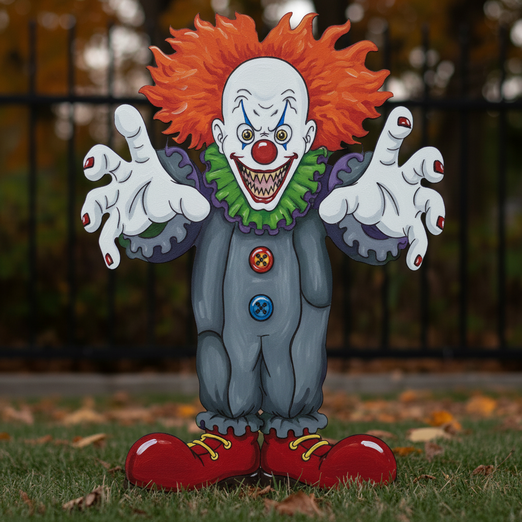 Scary Clown painted in gray-blue outfit - example of finished yard art